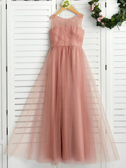 Long Crew Neck Tulle Junior Bridesmaid Dress A-line Flower Girl Dresses