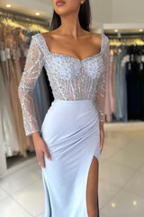 Long Sleeve Square Neck Mermaid Satin Floor Length Prom Dress with Beads
