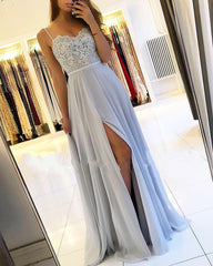 A-Line Spaghetti Straps Lace Floor Length Chiffon Prom Dress With Side Slit