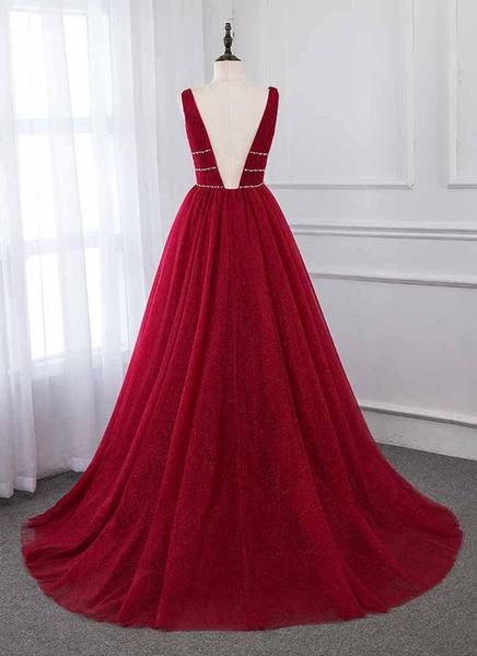 Burgundy Long V-neck Tulle A-line Burgundy Prom Dress