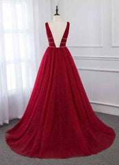 Burgundy Long V-neck Tulle A-line Burgundy Prom Dress