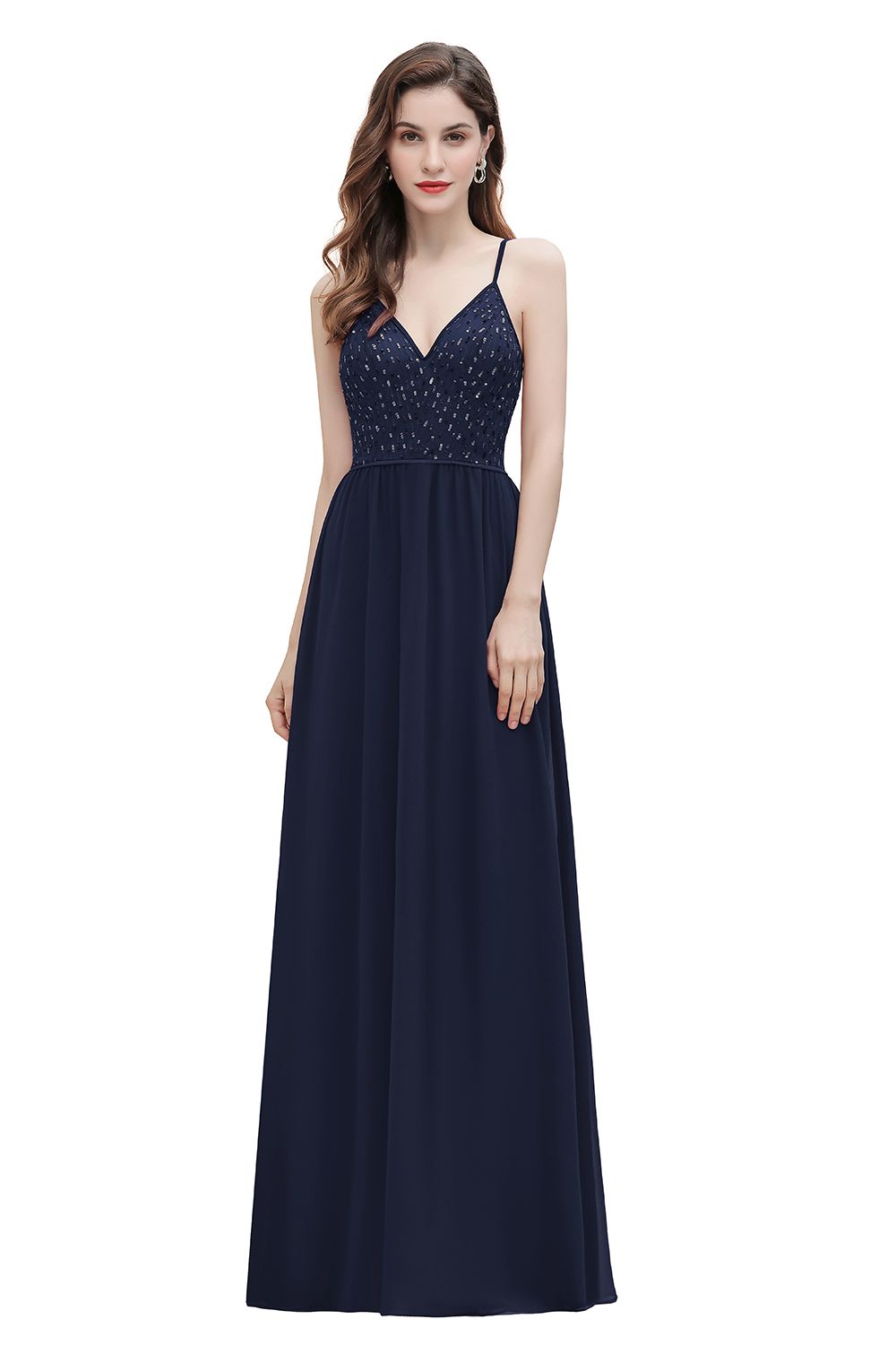 Long V-Neck Spaghetti Straps A-line Chiffon Burgundy Bridesmaid Dress
