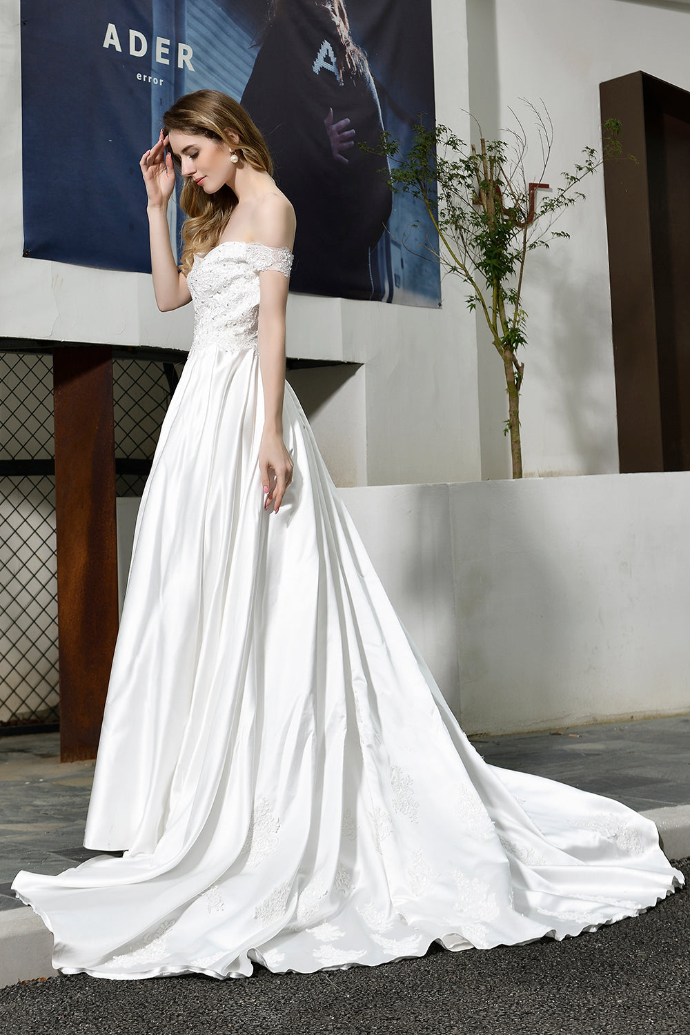 Elegant Long A-line Off the Shoulder Lace Satin Wedding Dresses