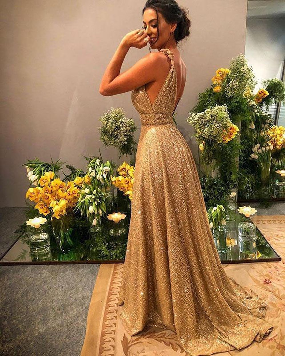Long A-Line V-neck Backless Spaghetti Straps Glitter Prom Dress