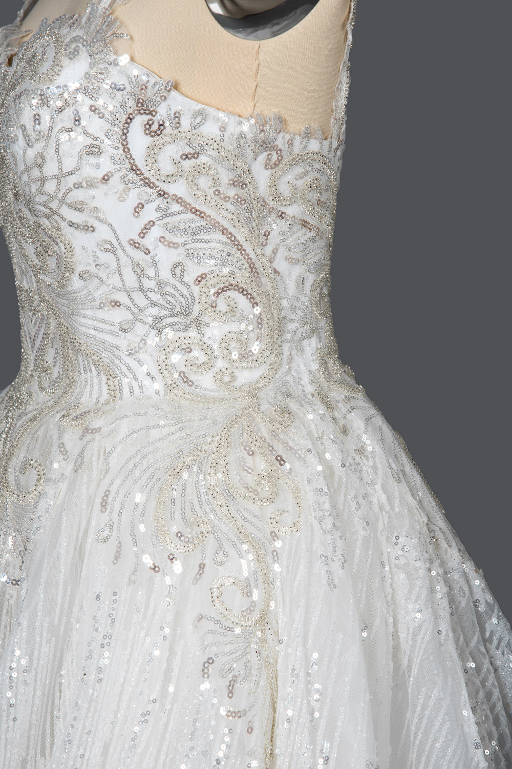 Long Straps Sequins Sweetheart Pleated Ball Gown Wedding Dresses