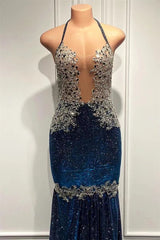 Sparkle Appliques Lace Halter V-Neck Mermaid Long Prom Dress