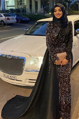 Black Long Mermaid One Shoulder Beads Sequins Evening Prom Dresses with Sleeves