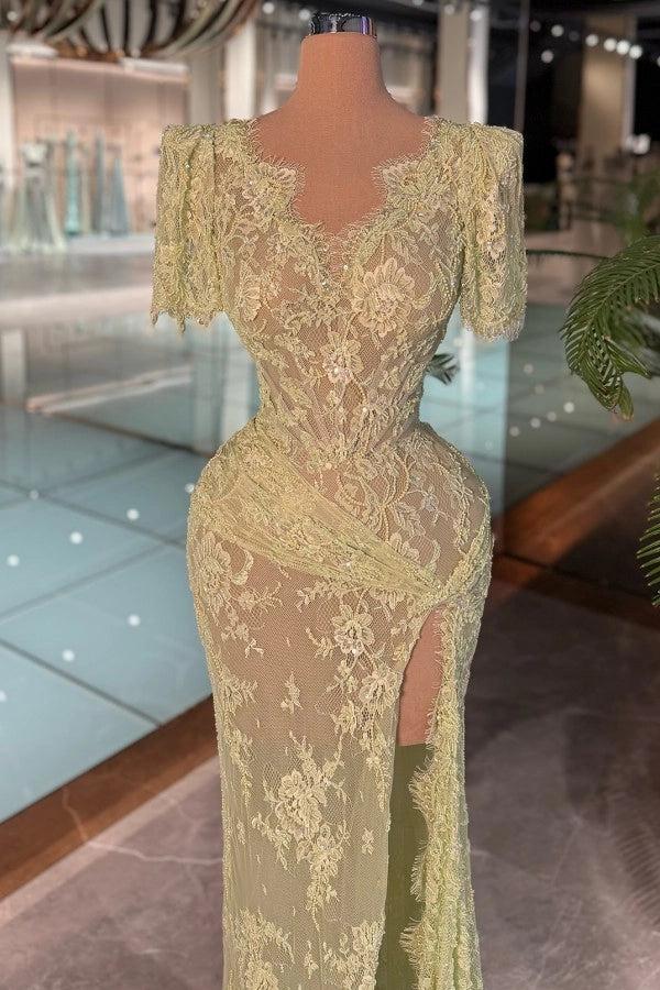 V-neck Short Sleeves Lace Mermaid Evening Dress with Split