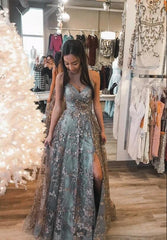 Long A-line V-neck Spaghetti Straps Open Back Prom Dress with slit