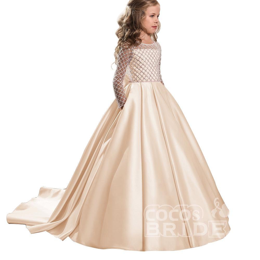 Scoop Neck Long Sleeves Ball Gown Flower Girl Dress with Pockets