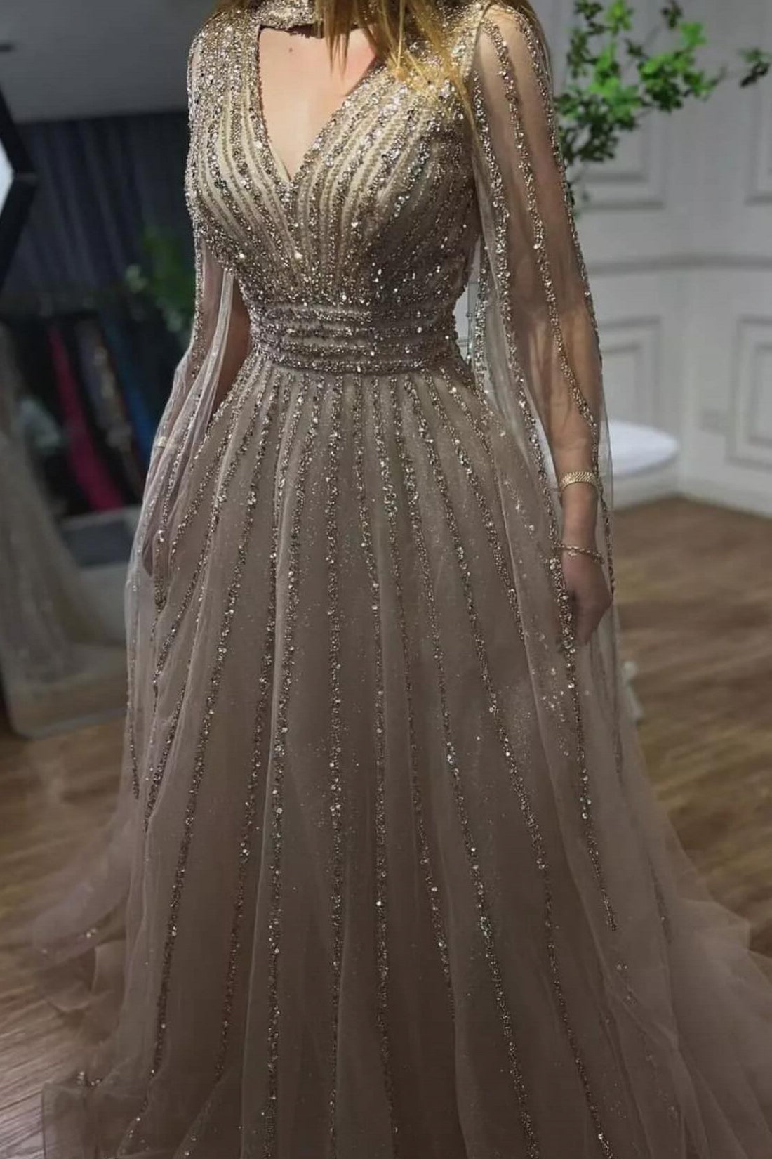 Sparkle V-Neck Tulle A-Line Long Formal Evening Dress with Sequins