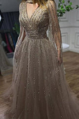 Sparkle V-Neck Tulle A-Line Long Formal Evening Dress with Sequins