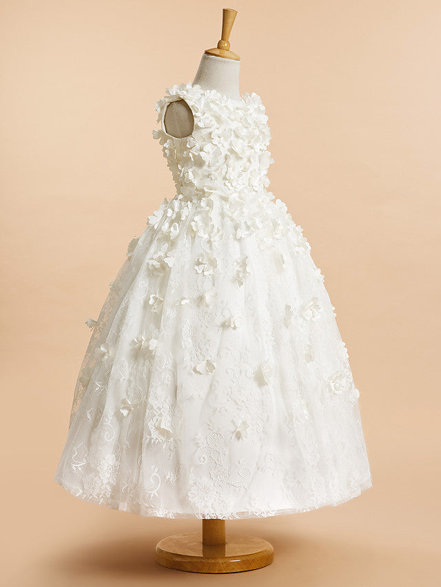 Long A-line Tulle Lace Flower Girl Dresses White First Communion Dress