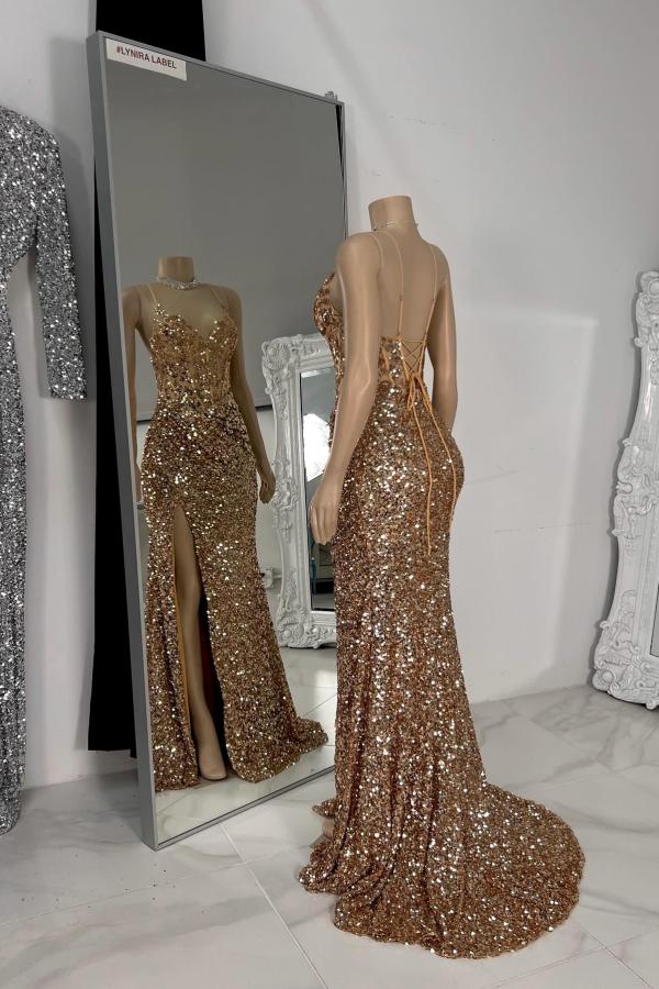 Mermaid Long Spaghetti Straps V Neck Backless Prom Dress with Slit