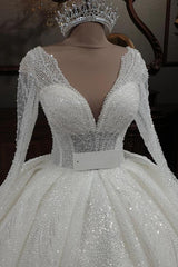 Gorgeous Long Ball Gown V-neck Glitter Sequins Wedding Dresses with Sleeves
