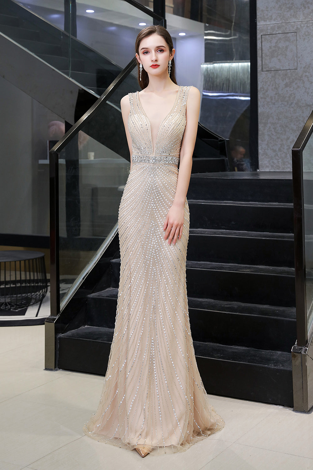 Sexy Mermaid V-neck Tulle Sleeveless Silver Long Formal Evening Dress