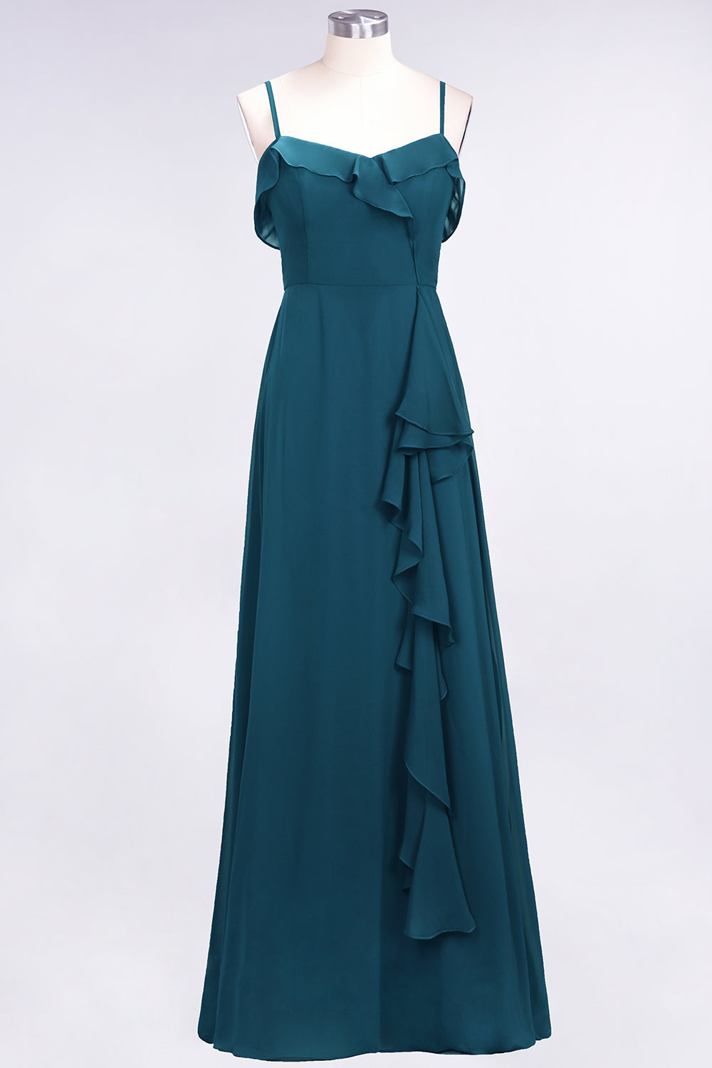 Spaghetti Straps A-Line Chiffon Backless Floor Length Prom Dress With Ruffles