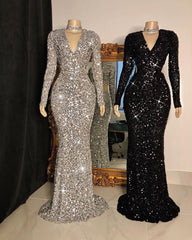 Mermaid Long Sleeves Sequins V-neck Prom Dresses with Sleeves