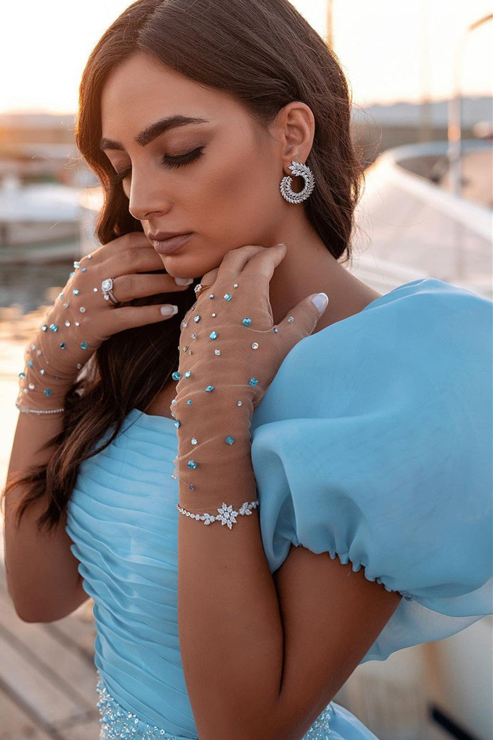 Gorgeous Long Puffy Sleeves Sequins Mermaid Prom Dress With Detachable Tulle Train