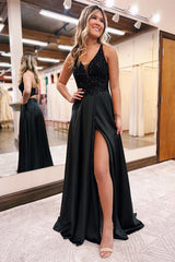 Black Long A-line V-neck Satin Lace Front Slit Prom Dress with Pockets