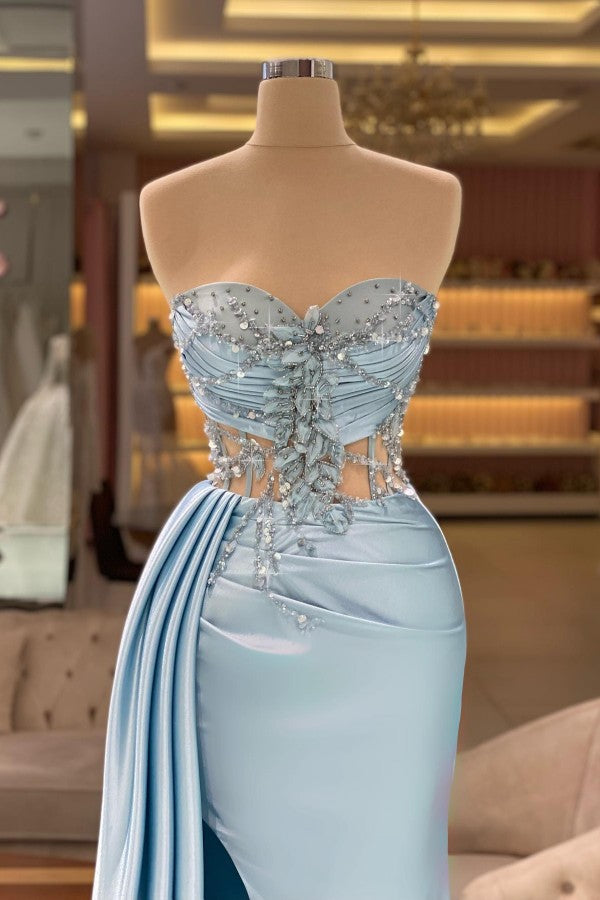 Gorgeous Sweetheart Strapless Satin Beading Long Prom Dress with Front Split