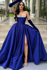 Royal Blue Long Sweetheart Satin Beaded Prom Dresses with Slit