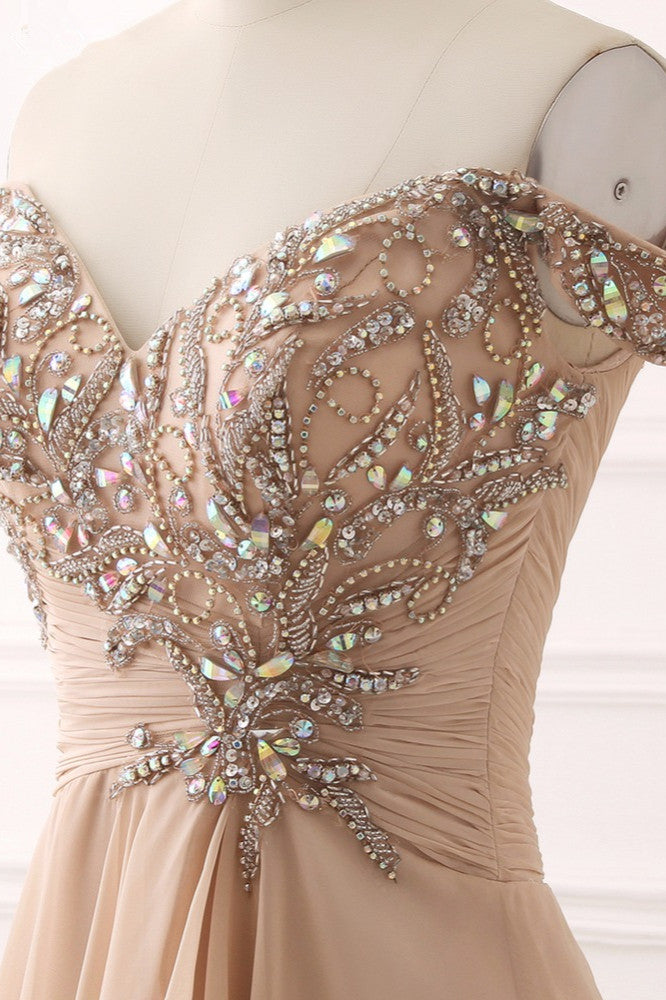 Long A-Line Off the Shoulder Beading Ruffles Chiffon Prom Dress