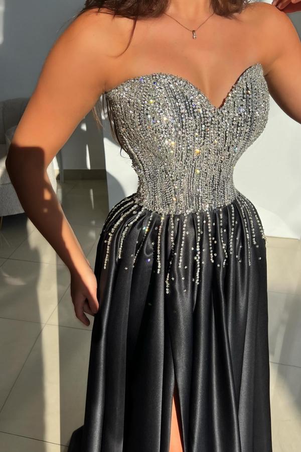 Black Sweetheart Long A-Line Satin Prom Dress with Slit