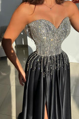 Black Sweetheart Long A-Line Satin Prom Dress with Slit