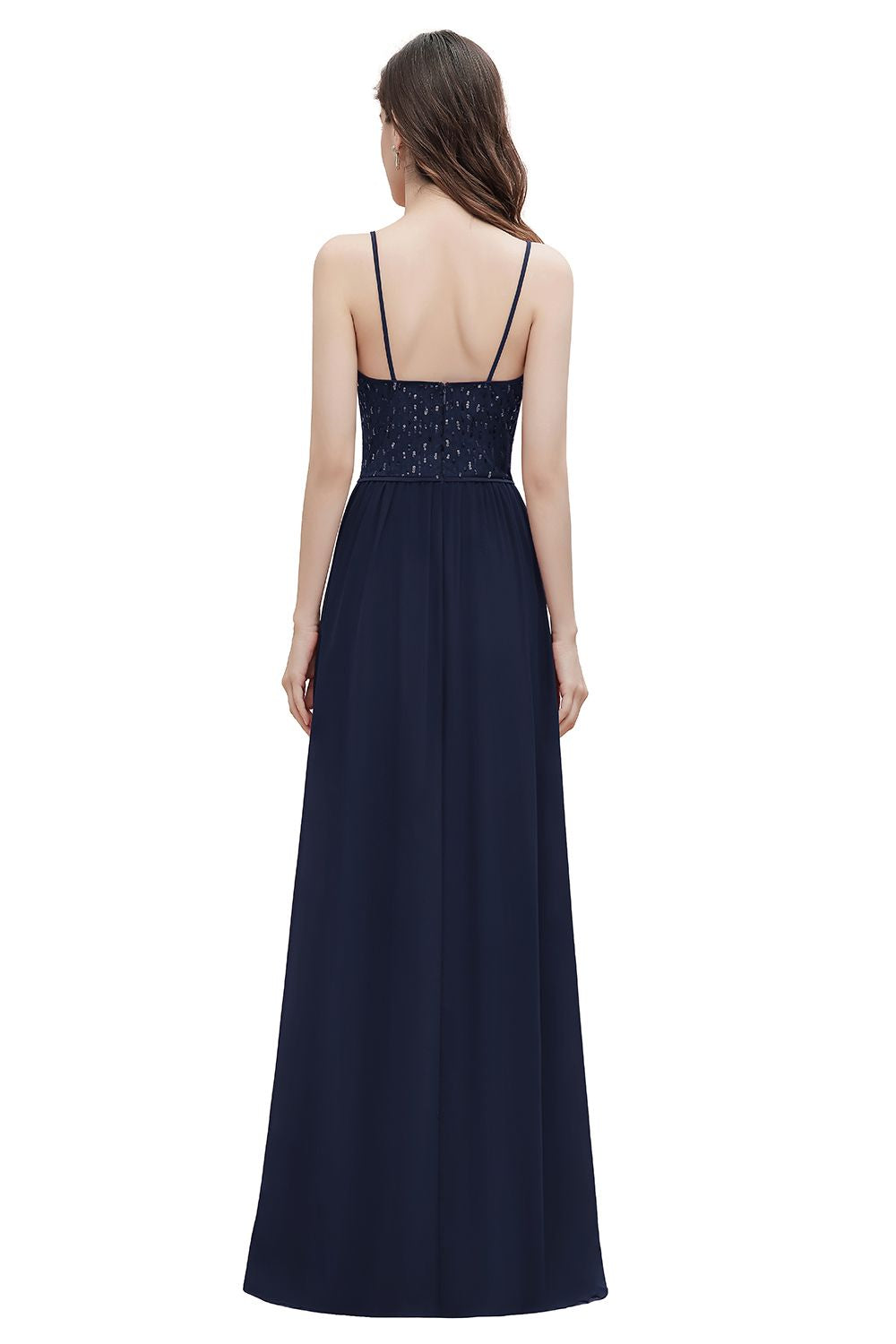 Long V-Neck Spaghetti Straps A-line Chiffon Burgundy Bridesmaid Dress
