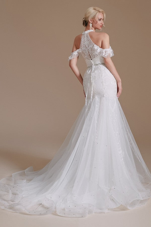 Elegant Long Mermaid Halter Tulle Floor Length Wedding Dress with Appliques Lace