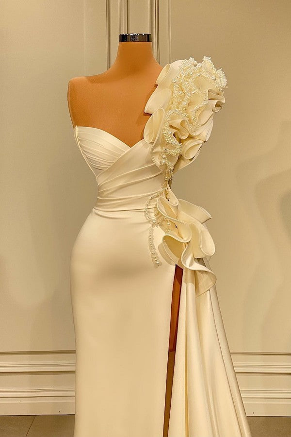 Ivory Asymmetrical Strapless Sleeveless Satin Prom Dress with Ruffles
