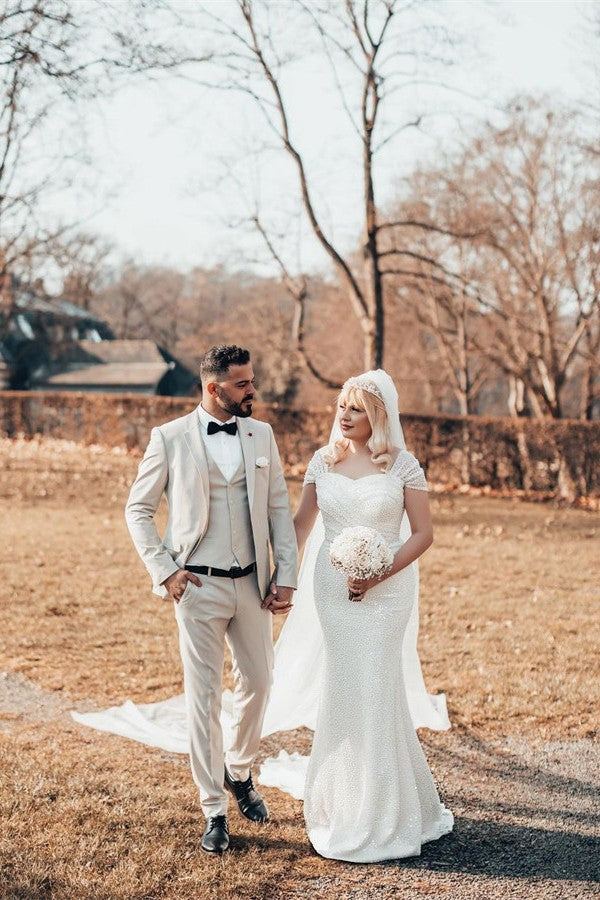 White Long Mermaid Jewel Glitter Off the Shoulder Wedding Dresses