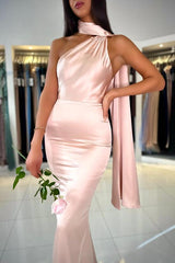 Long Mermaid Asymetric High Neck Satin Backless Prom Dresses