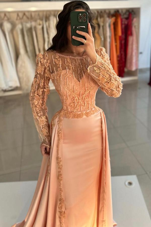 Long Sleeve Mermaid Lace Satin Formal Prom Dress with Train