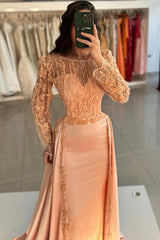 Long Sleeve Mermaid Lace Satin Formal Prom Dress with Train