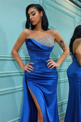 Royal Blue Long Mermaid Sweetheart Satin High Split Prom Dresses