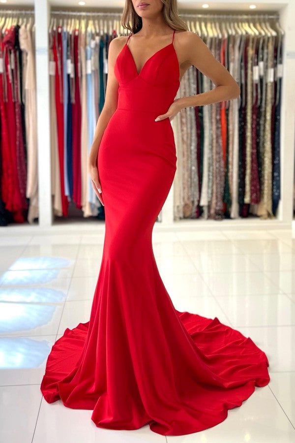 Simple Long Mermaid V-neck Open Back Spaghetti Straps Prom Dresses