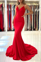 Simple Long Mermaid V-neck Open Back Spaghetti Straps Prom Dresses