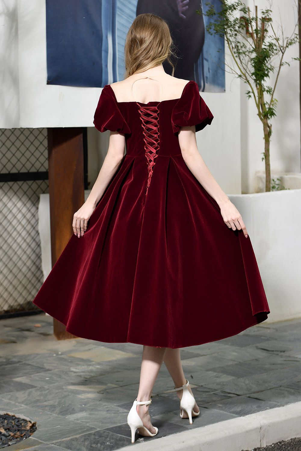 Burgundy Velvet A-line V-neck Short Formal Evening Dress with Bubble Sleeve