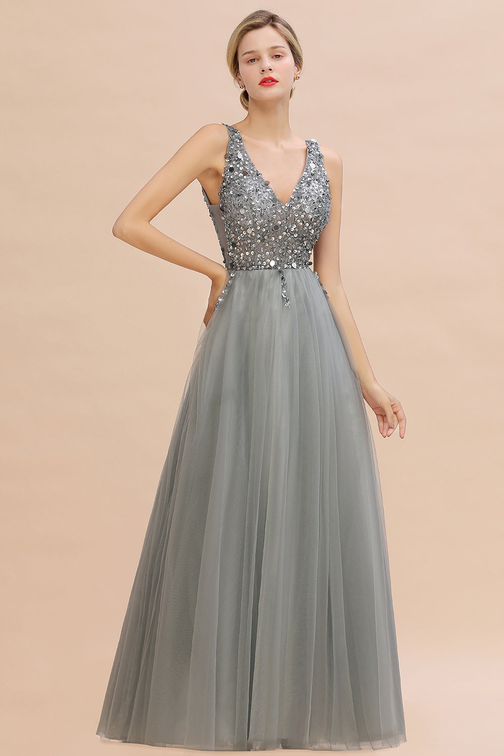 Long V-neck Tulle A-line Chiffon Beaded Formal Evneing Dress