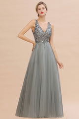 Long V-neck Tulle A-line Chiffon Beaded Formal Evneing Dress