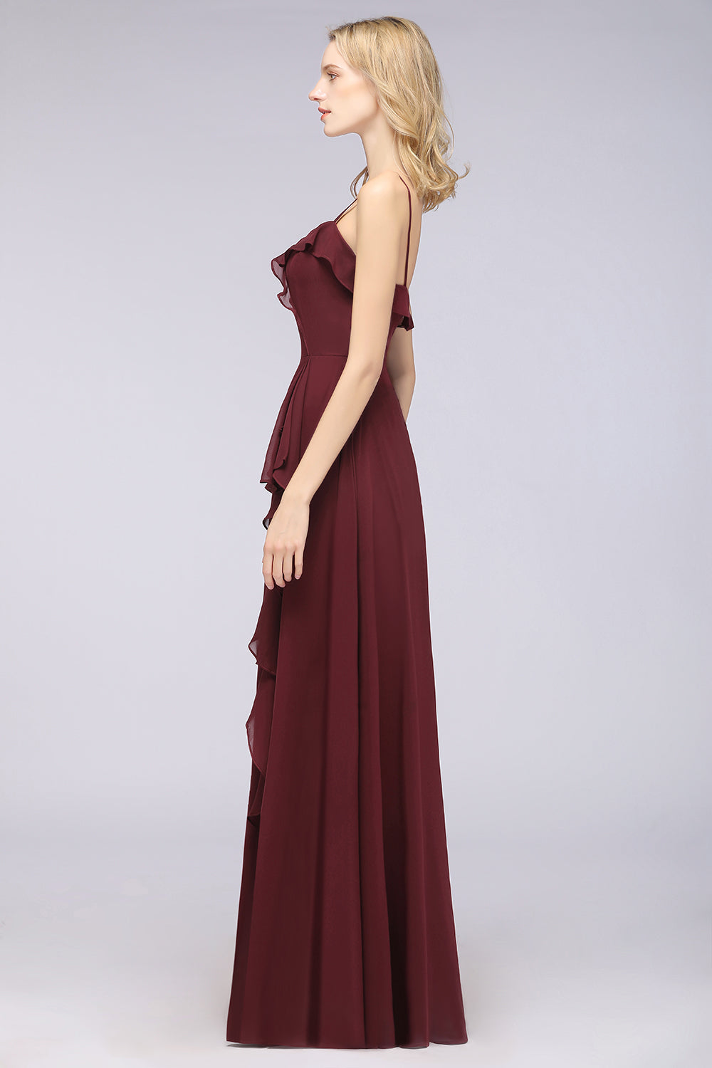 Spaghetti Straps A-Line Chiffon Backless Floor Length Prom Dress With Ruffles