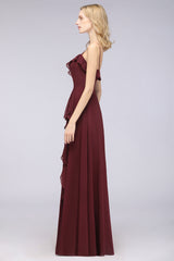Spaghetti Straps A-Line Chiffon Backless Floor Length Prom Dress With Ruffles