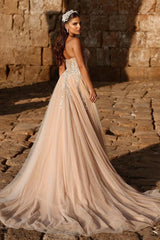 Beautiful Champagne A-Line Sweetheart Sleeveless Long Beading Wedding Dress with High Split