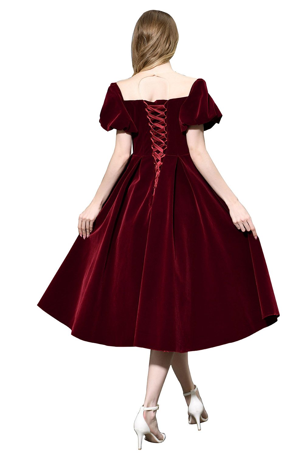 Burgundy Velvet A-line V-neck Short Formal Evening Dress with Bubble Sleeve