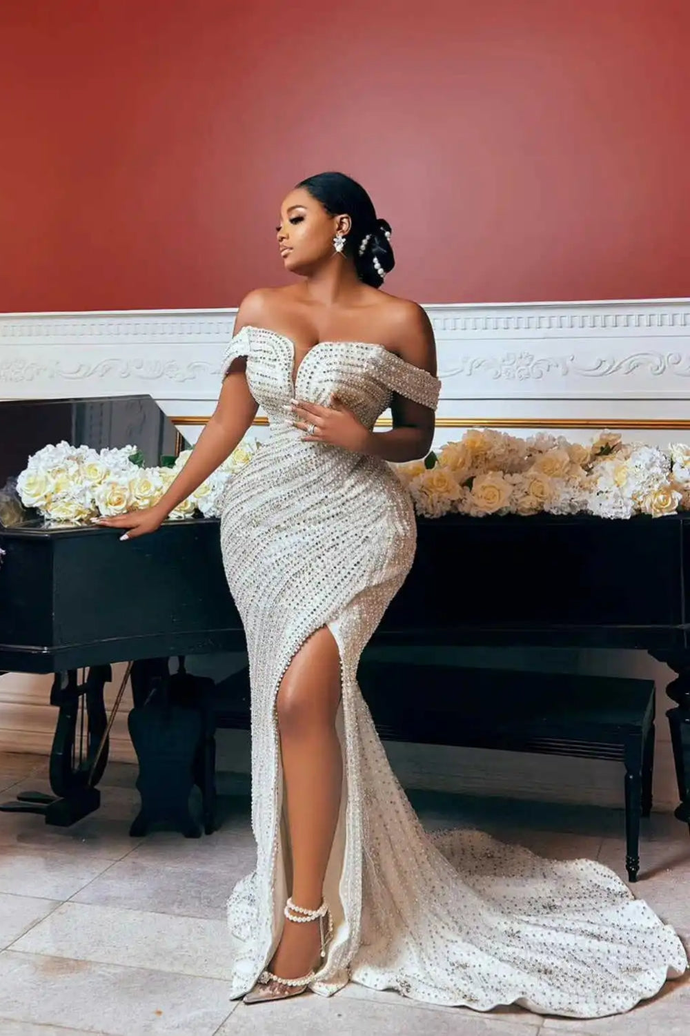 Split Front Off The Shoulder Beads Satin Long Mermaid Wedding Dresses with Detachable Train