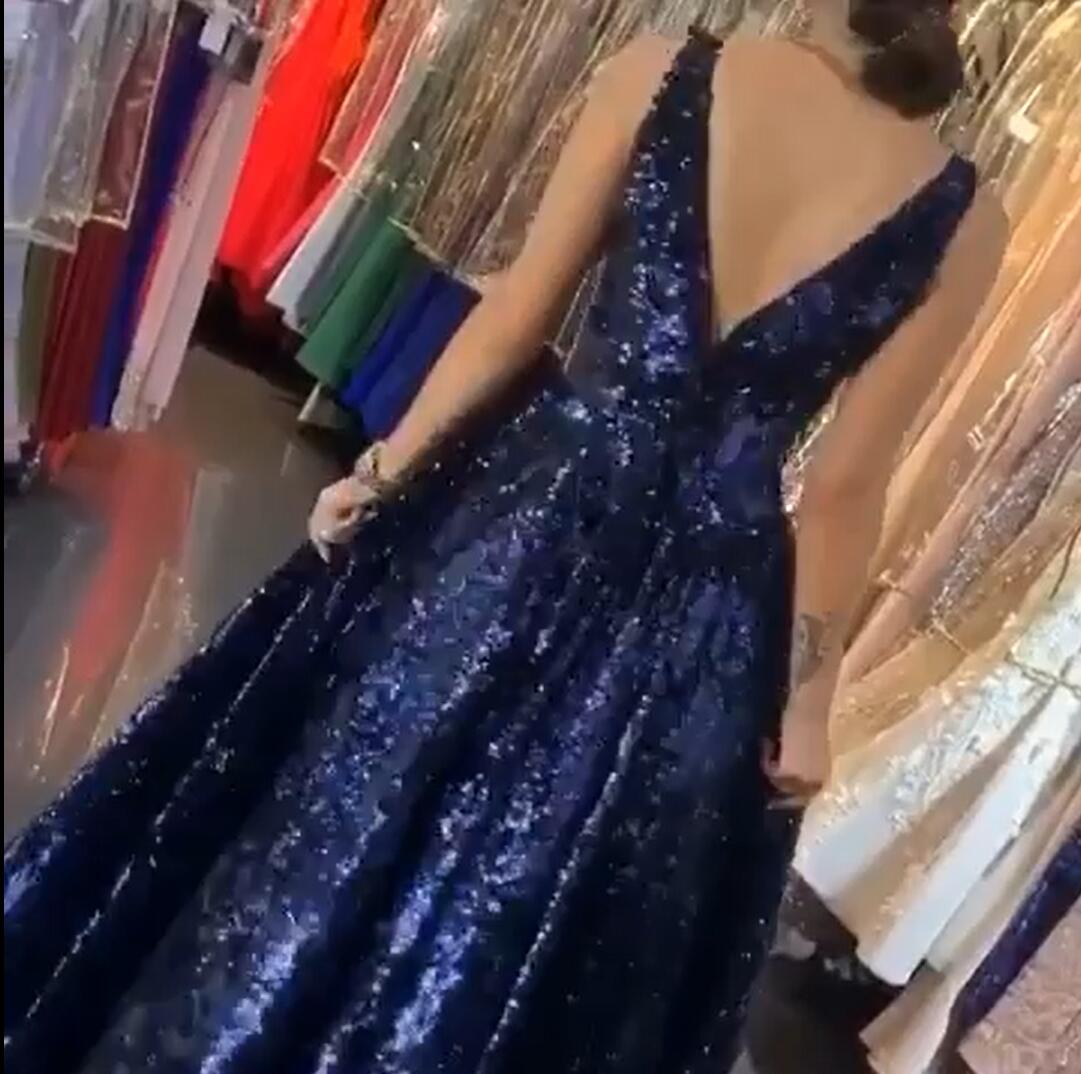Luxury Long A-line Backless Floor Length Sequins Ruffles Prom Dress