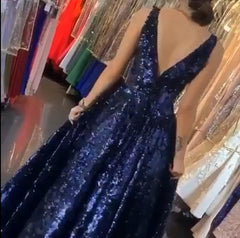 Luxury Long A-line Backless Floor Length Sequins Ruffles Prom Dress