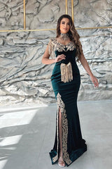 Long Mermaid Velvet Front Slit Formal Formal Evening Dresses with Gold Lace Appliques